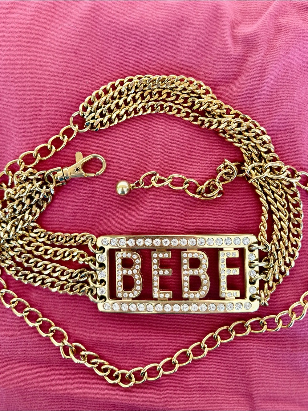 Vintage Y2K bebe Gold-Tone chain Logo Belt with rhinestone studs. One size